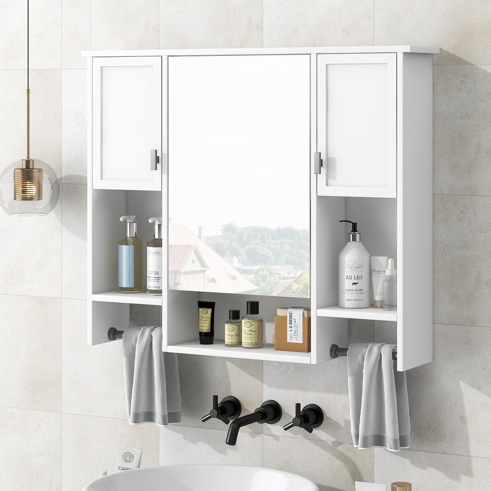 White MDF Bathroom Storage Cabinet with Mirror - Wall Mounted