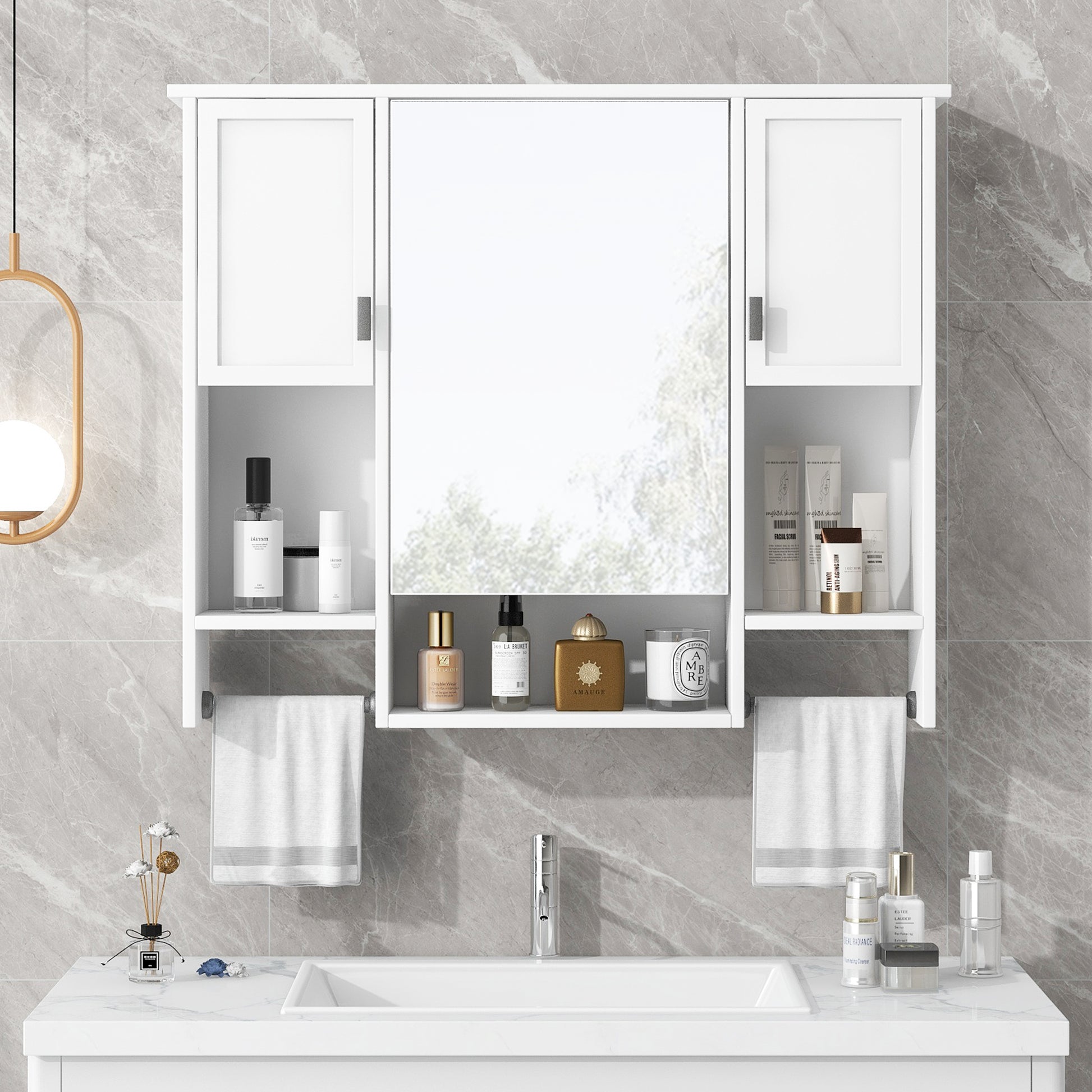 White MDF Bathroom Storage Cabinet with Mirror - Wall Mounted
