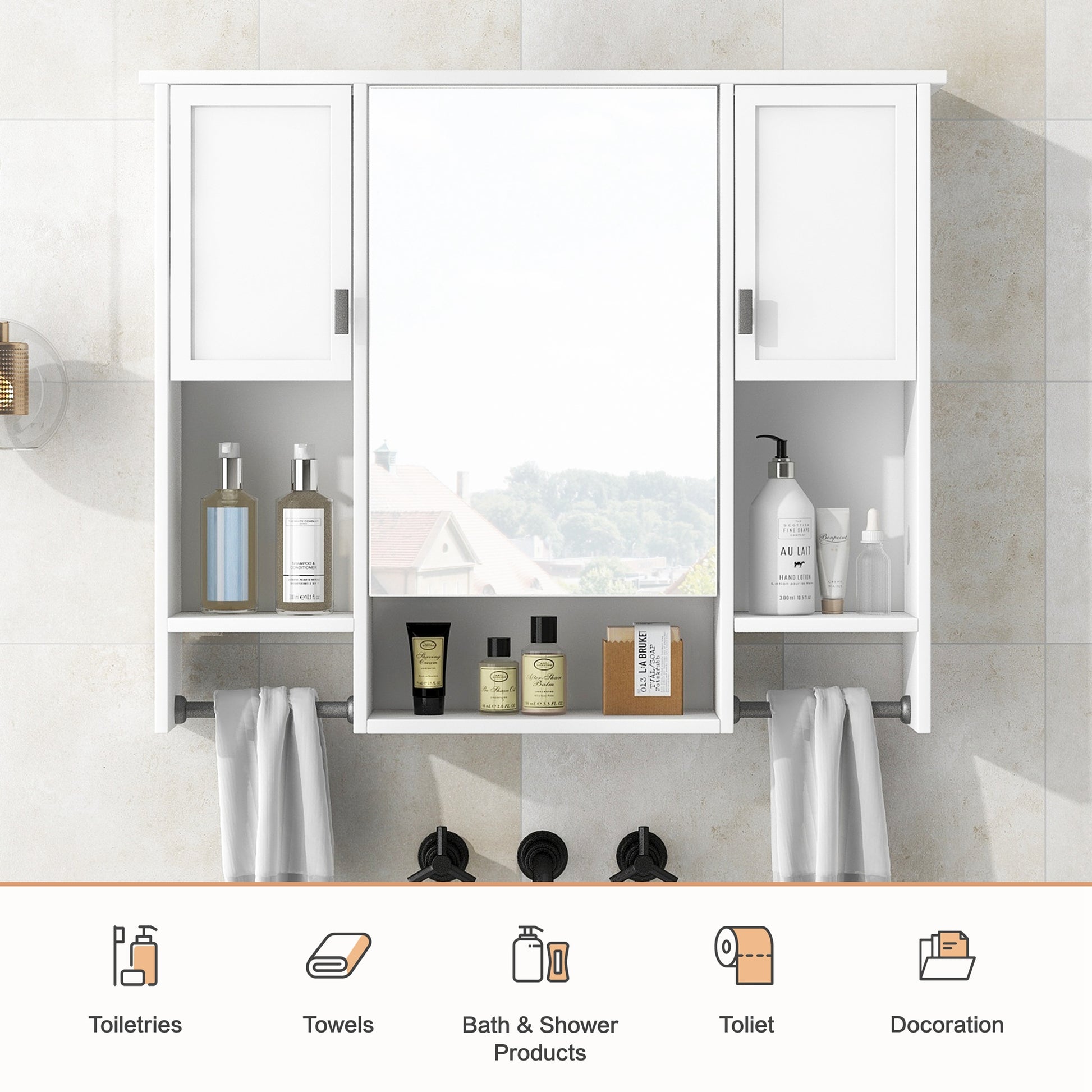 White MDF Bathroom Storage Cabinet with Mirror - Wall Mounted