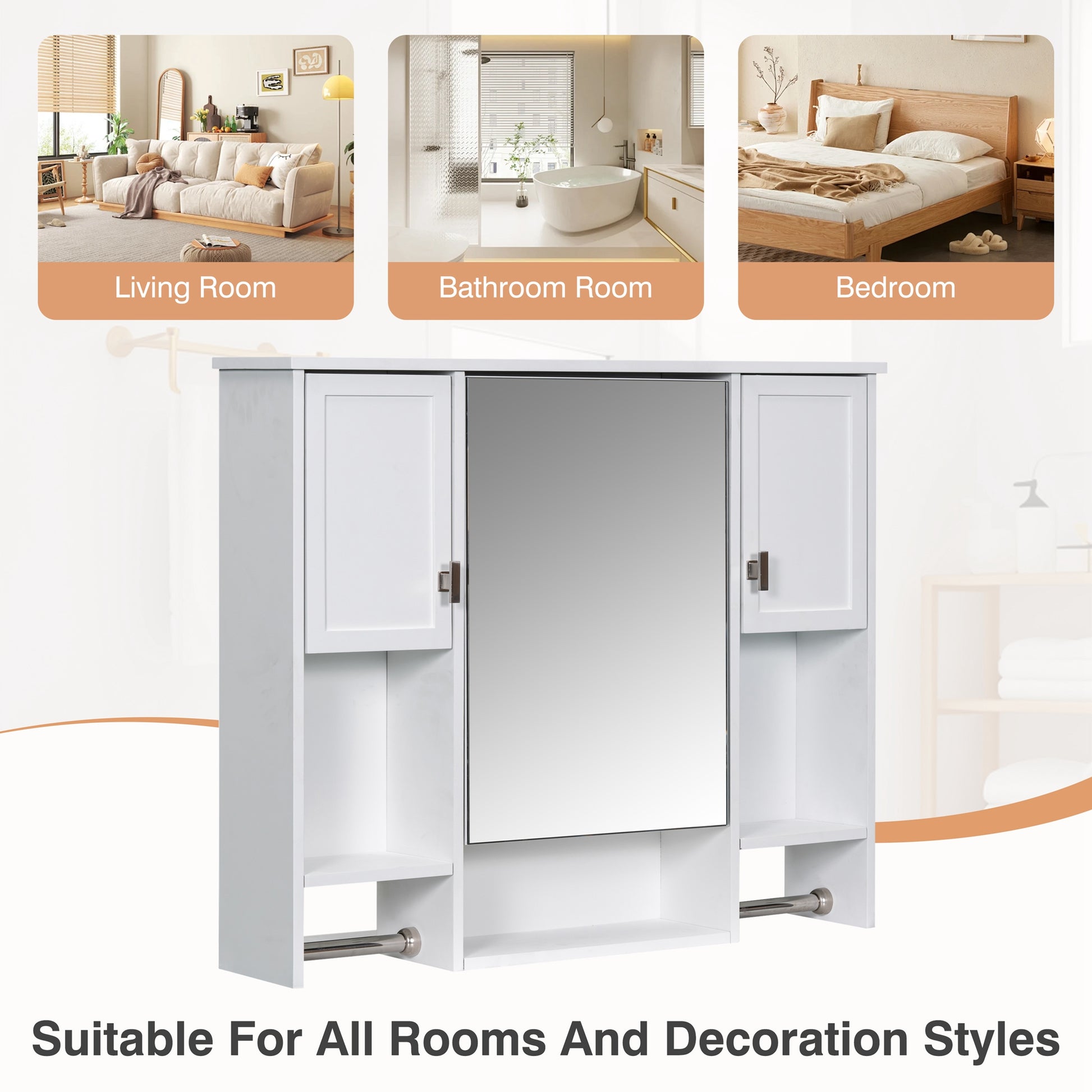 White MDF Bathroom Storage Cabinet with Mirror - Wall Mounted