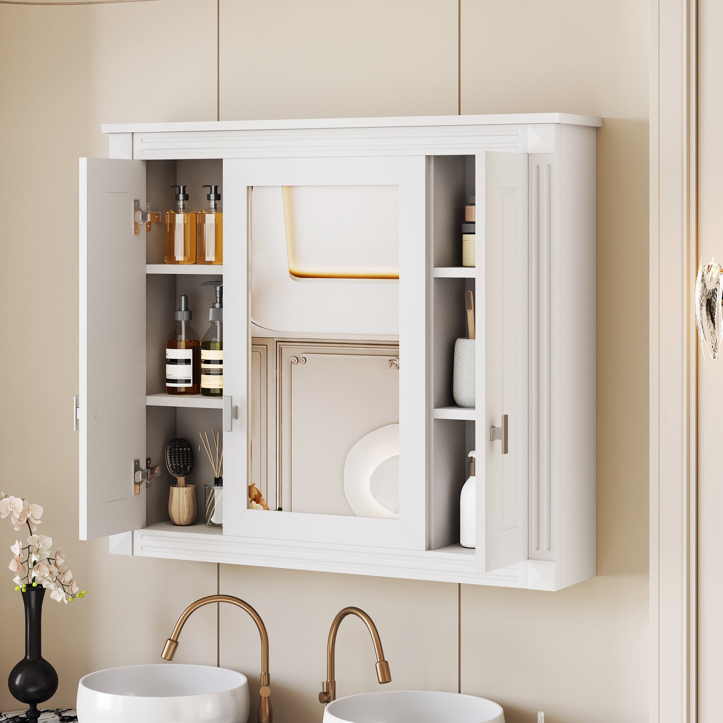 Wall Mounted Bathroom Cabinet with Mirror - 3 Shelves, White