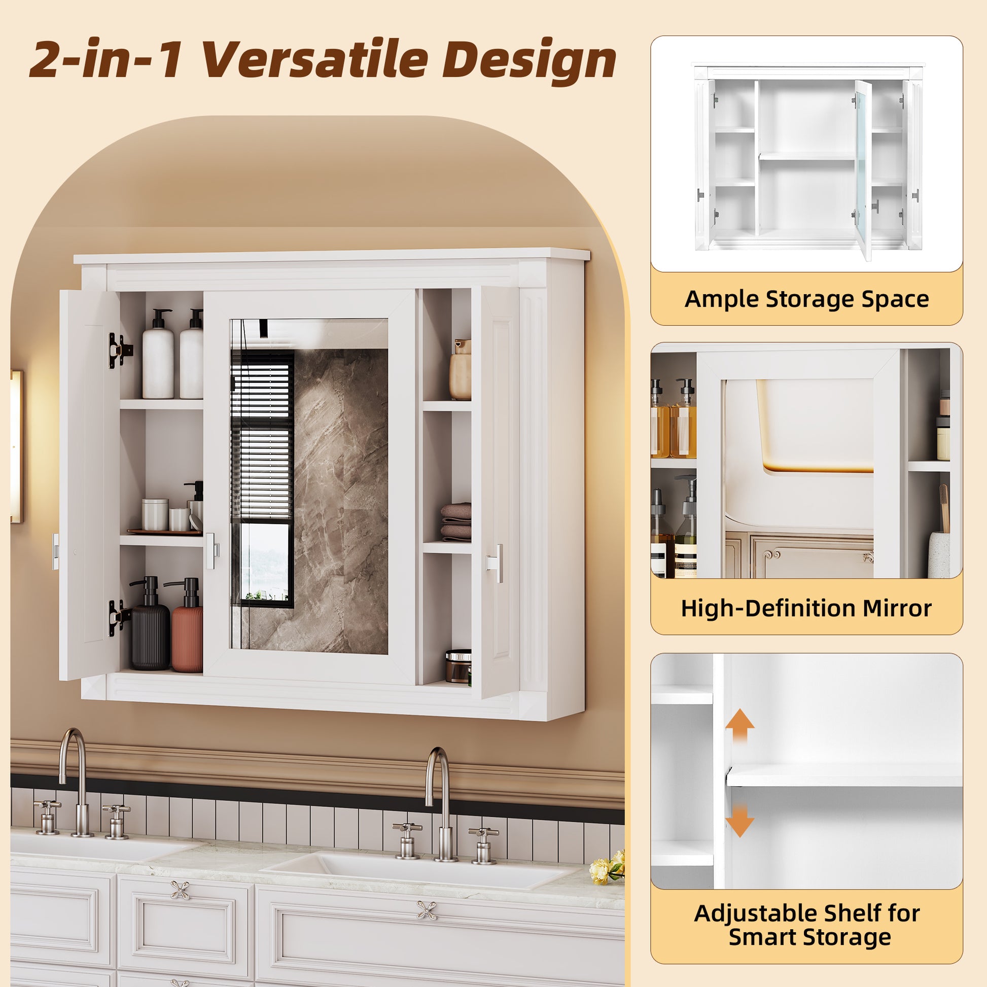 Wall Mounted Bathroom Cabinet with Mirror - 3 Shelves, White