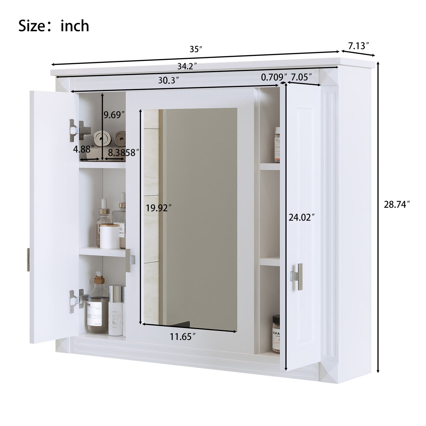 Wall Mounted Bathroom Cabinet with Mirror - 3 Shelves, White