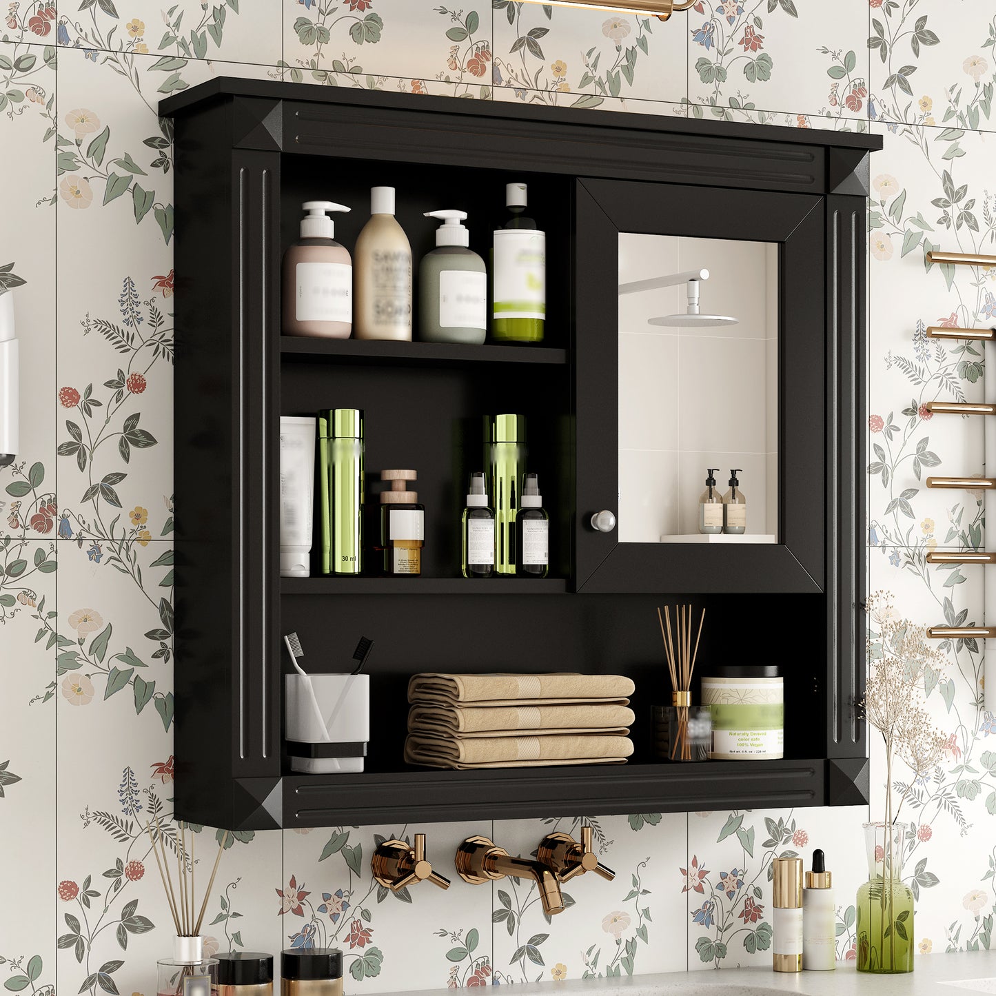 Black Bathroom Storage Cabinet with Mirror - Wall Mounted Medicine Cabinet