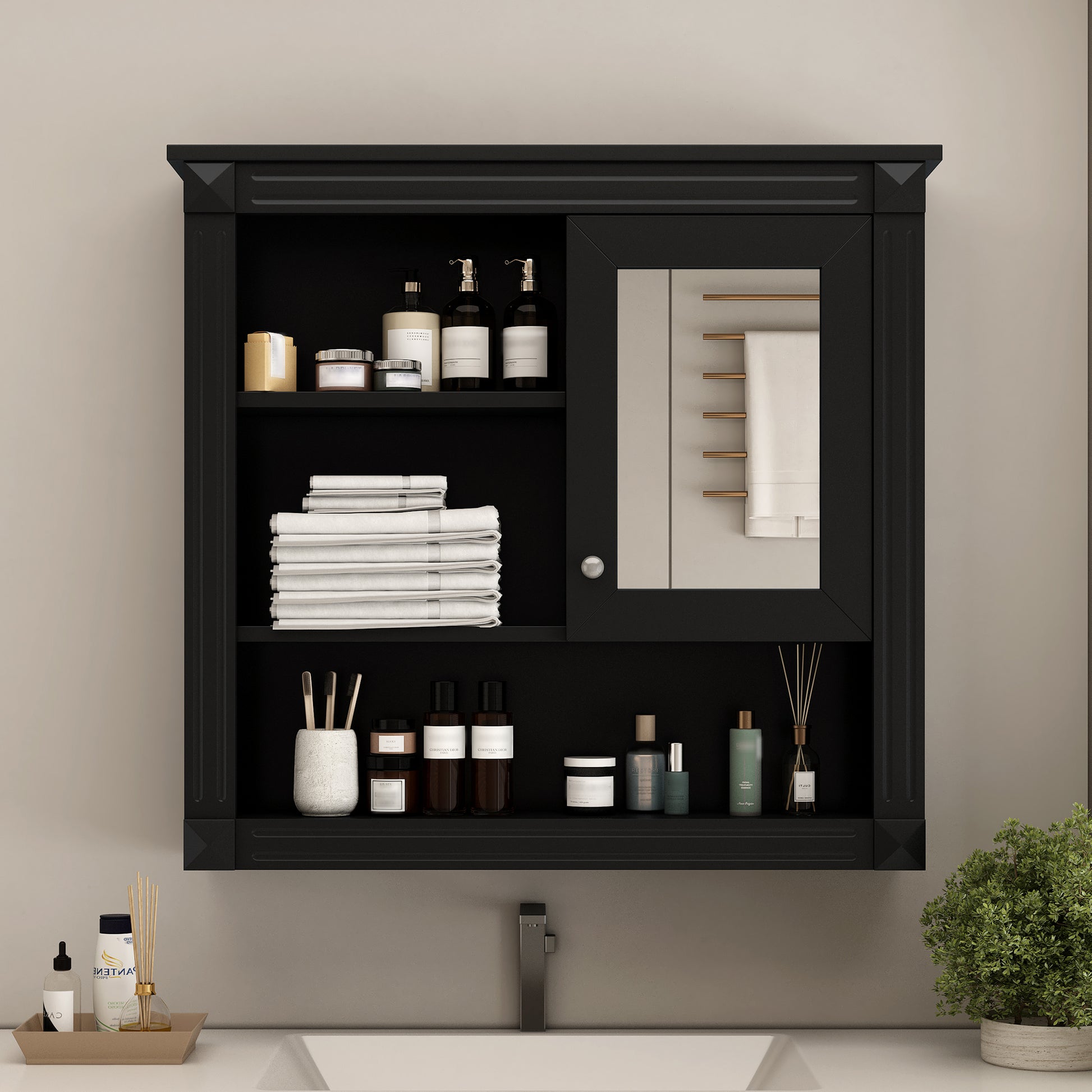 Black Bathroom Storage Cabinet with Mirror - Wall Mounted Medicine Cabinet