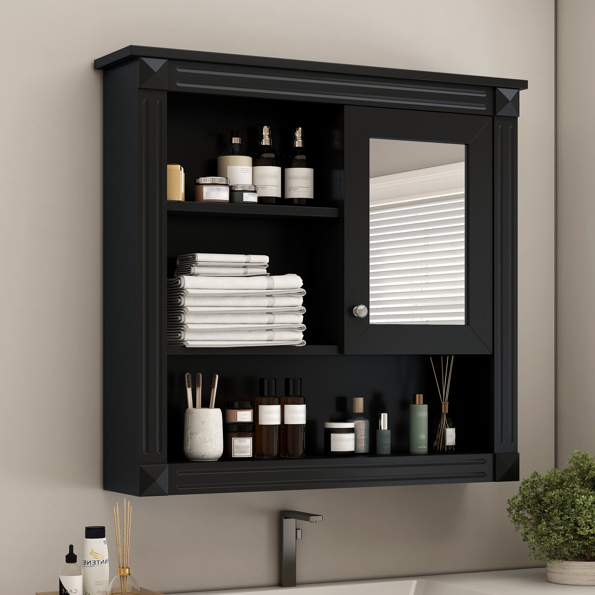 Black Bathroom Storage Cabinet with Mirror - Wall Mounted Medicine Cabinet