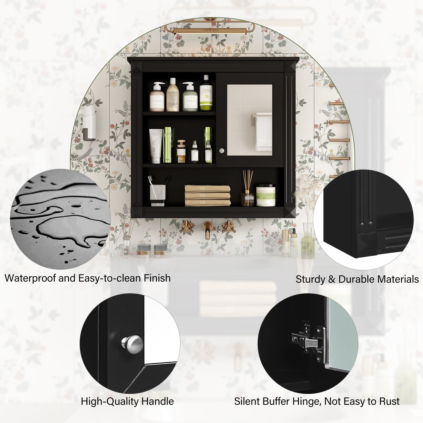 Black Bathroom Storage Cabinet with Mirror - Wall Mounted Medicine Cabinet