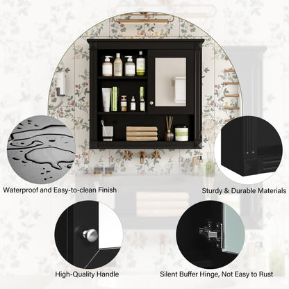 Black Bathroom Storage Cabinet with Mirror - Wall Mounted Medicine Cabinet