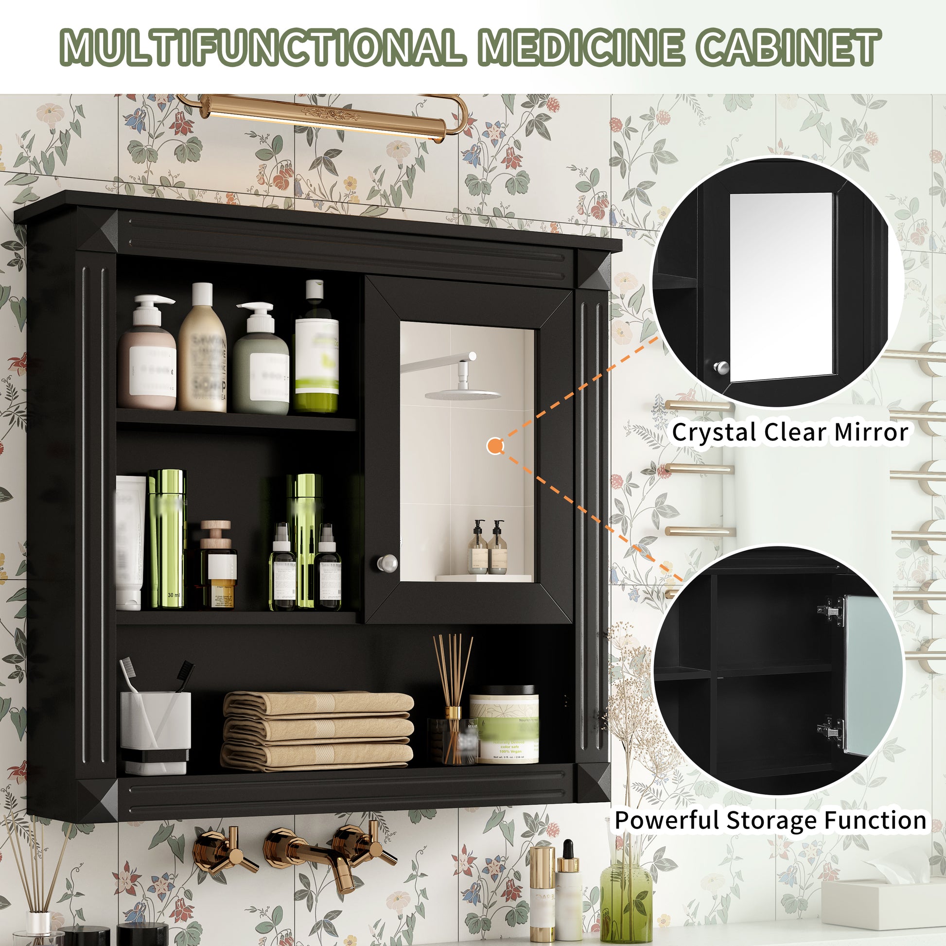 Black Bathroom Storage Cabinet with Mirror - Wall Mounted Medicine Cabinet