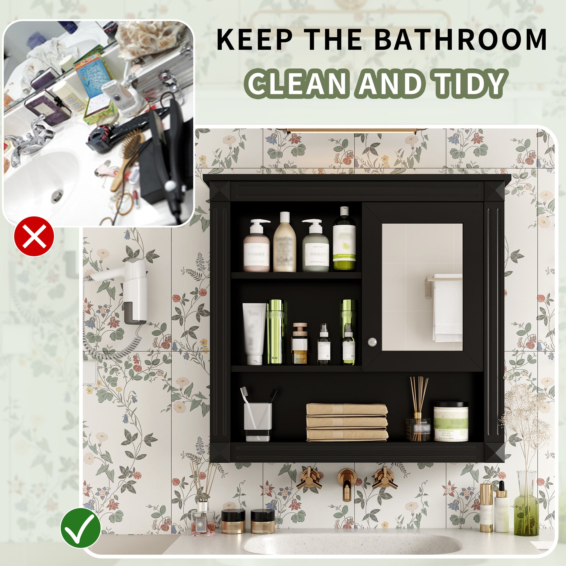 Black Bathroom Storage Cabinet with Mirror - Wall Mounted Medicine Cabinet