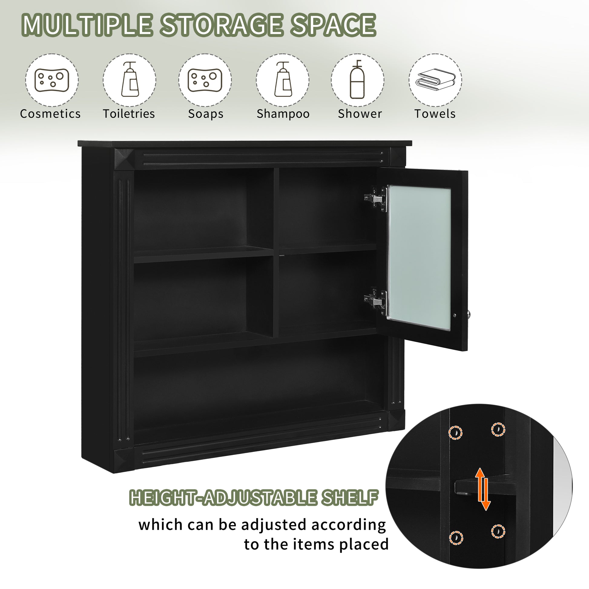 Black Bathroom Storage Cabinet with Mirror - Wall Mounted Medicine Cabinet