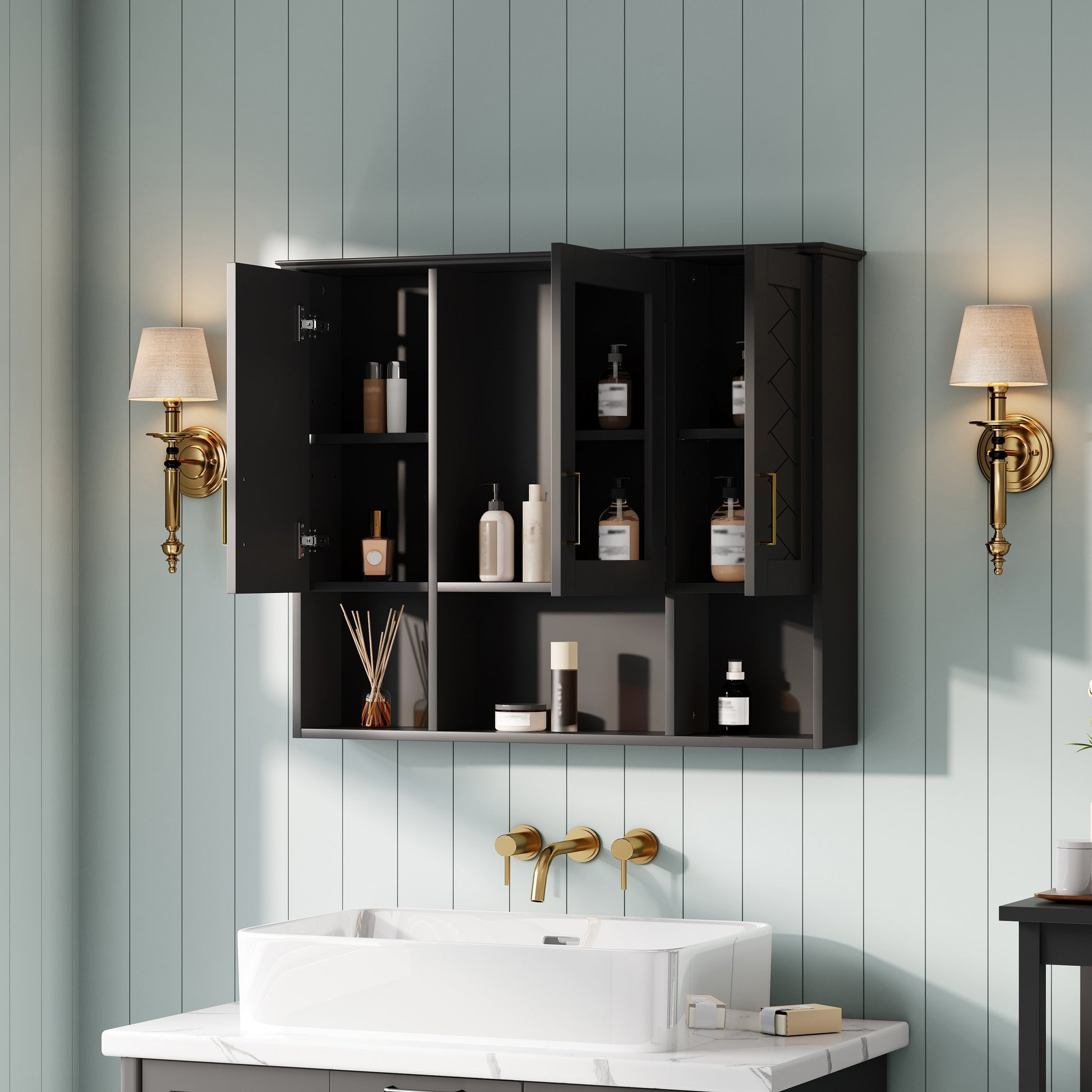 Black Wall Mounted Mirror Cabinet - 35" with Adjustable Shelves for Bathroom