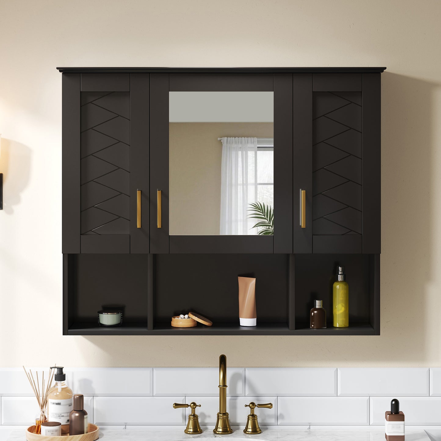 Black Wall Mounted Mirror Cabinet - 35" with Adjustable Shelves for Bathroom
