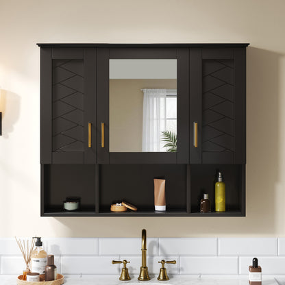 Black Wall Mounted Mirror Cabinet - 35" with Adjustable Shelves for Bathroom