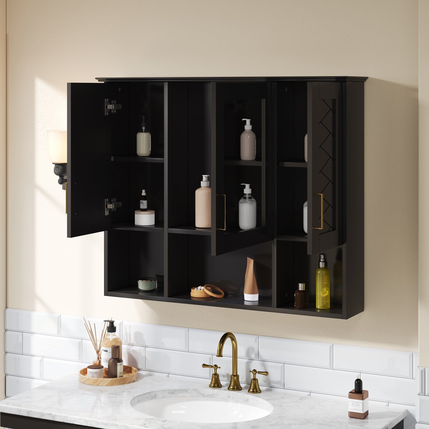 Black Wall Mounted Mirror Cabinet - 35" with Adjustable Shelves for Bathroom