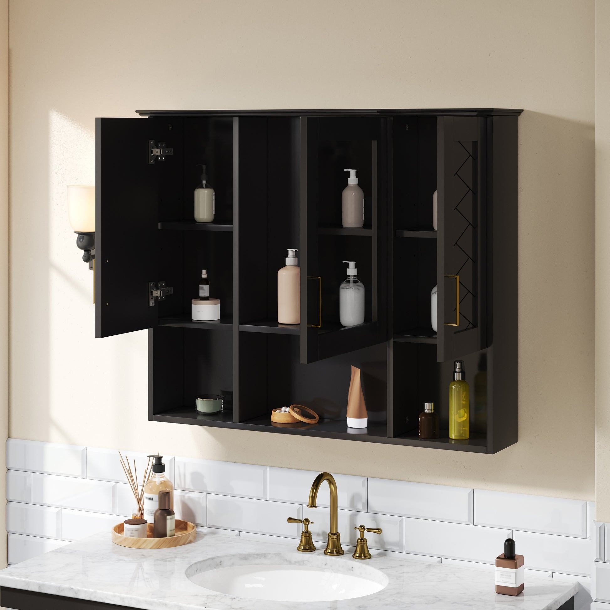Black Wall Mounted Mirror Cabinet - 35" with Adjustable Shelves for Bathroom