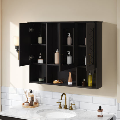 Black Wall Mounted Mirror Cabinet - 35" with Adjustable Shelves for Bathroom