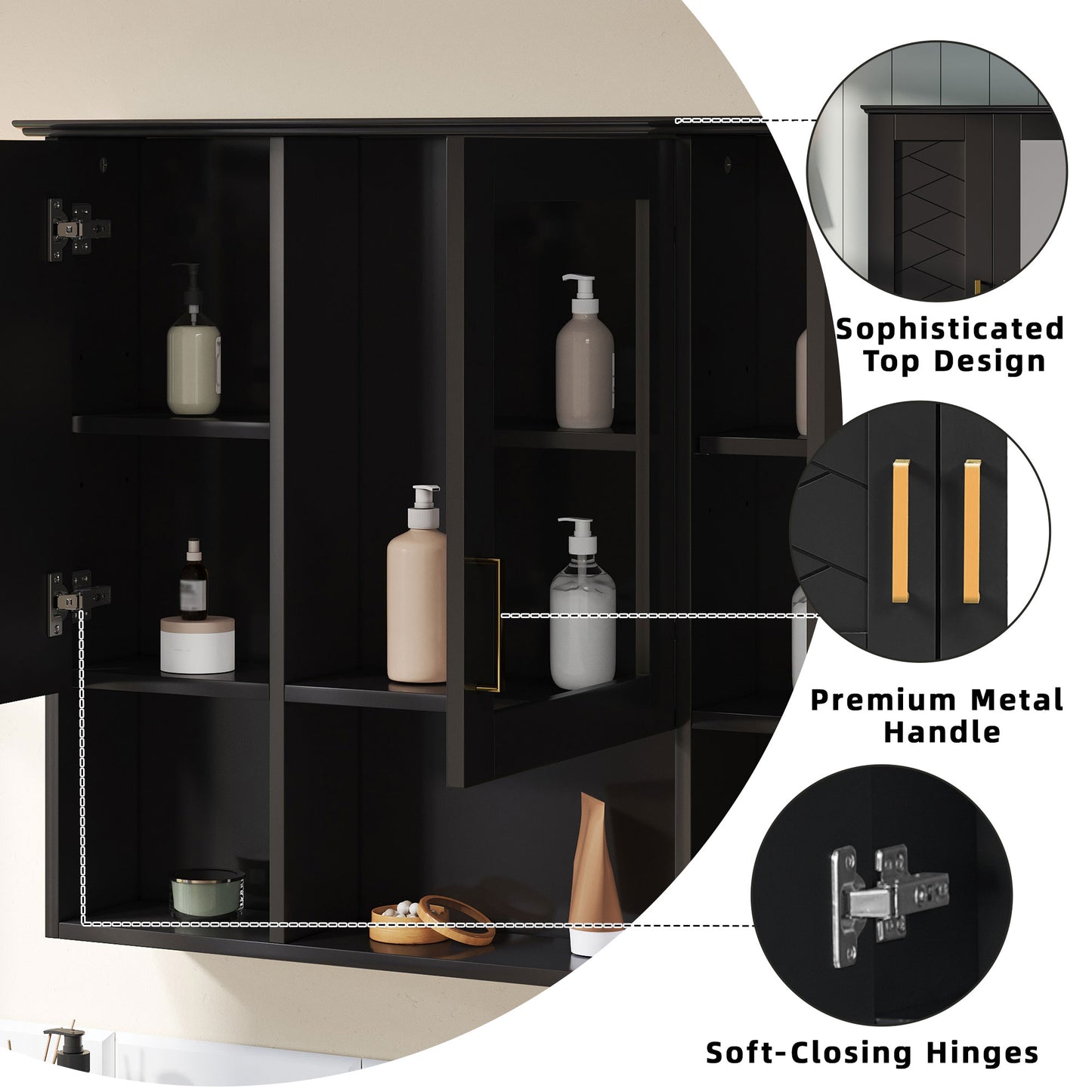 Black Wall Mounted Mirror Cabinet - 35" with Adjustable Shelves for Bathroom