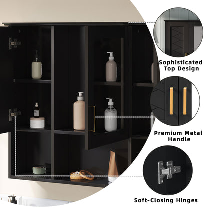 Black Wall Mounted Mirror Cabinet - 35" with Adjustable Shelves for Bathroom