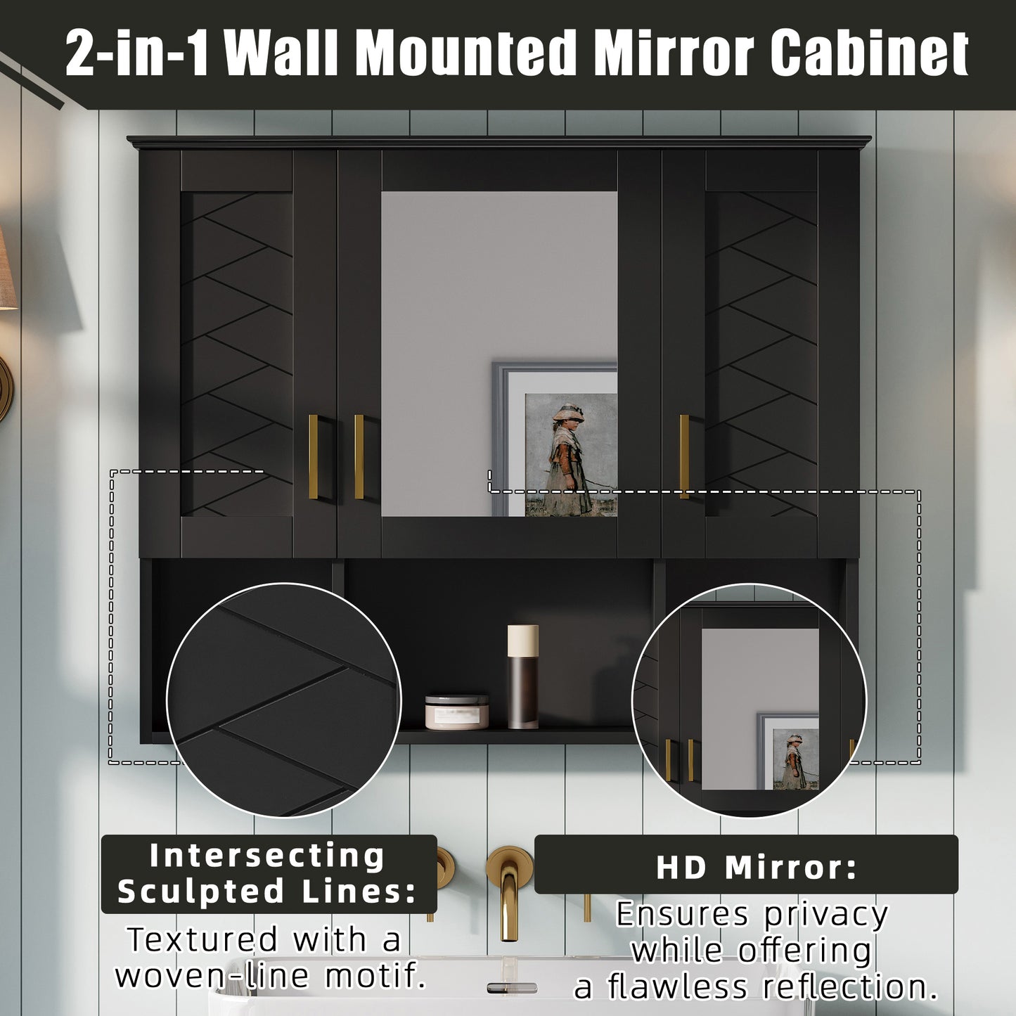 Black Wall Mounted Mirror Cabinet - 35" with Adjustable Shelves for Bathroom