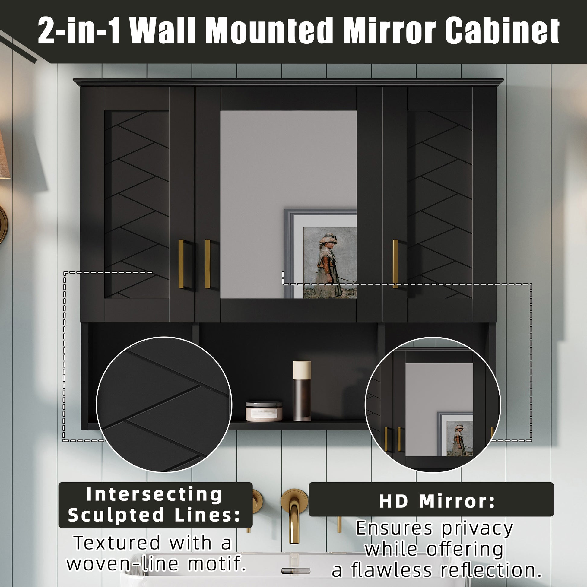 Black Wall Mounted Mirror Cabinet - 35" with Adjustable Shelves for Bathroom