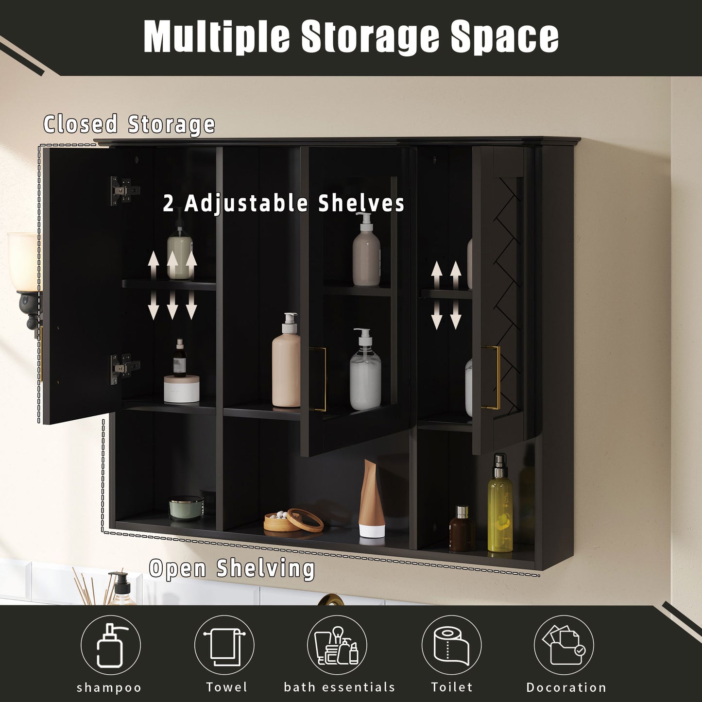 Black Wall Mounted Mirror Cabinet - 35" with Adjustable Shelves for Bathroom