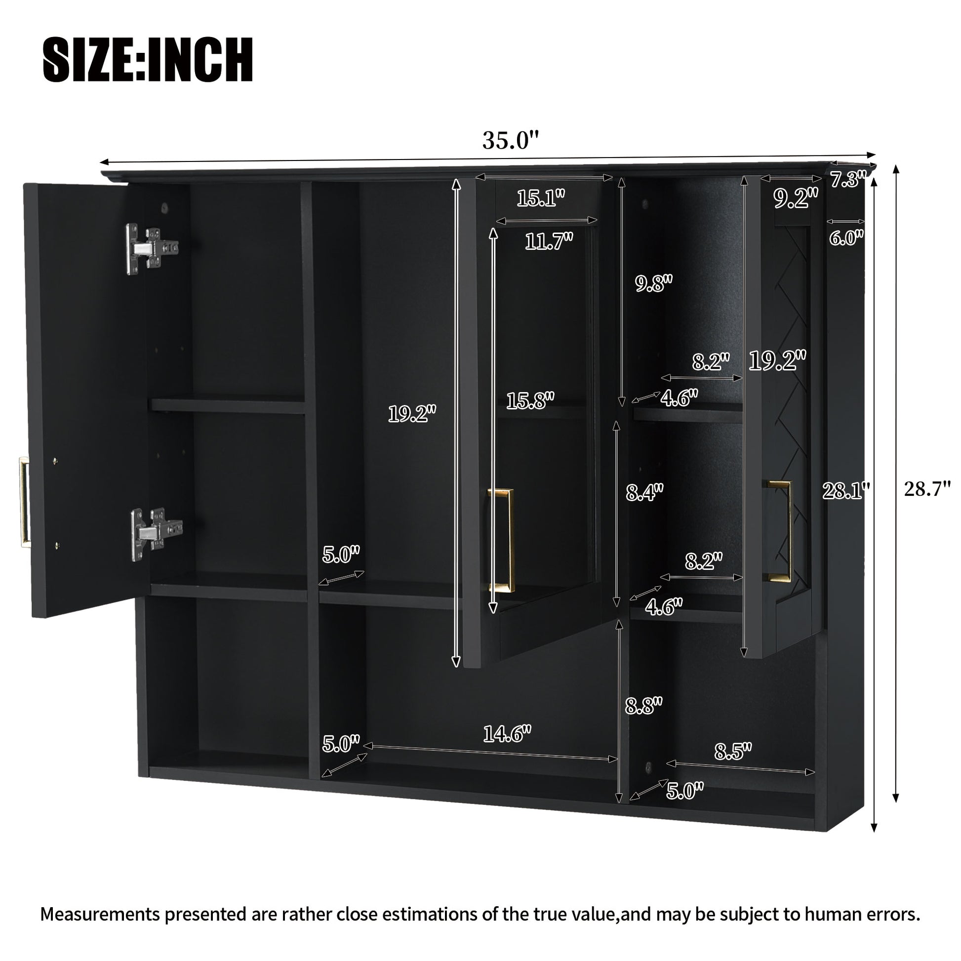 Black Wall Mounted Mirror Cabinet - 35" with Adjustable Shelves for Bathroom