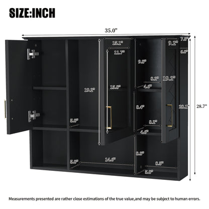 Black Wall Mounted Mirror Cabinet - 35" with Adjustable Shelves for Bathroom