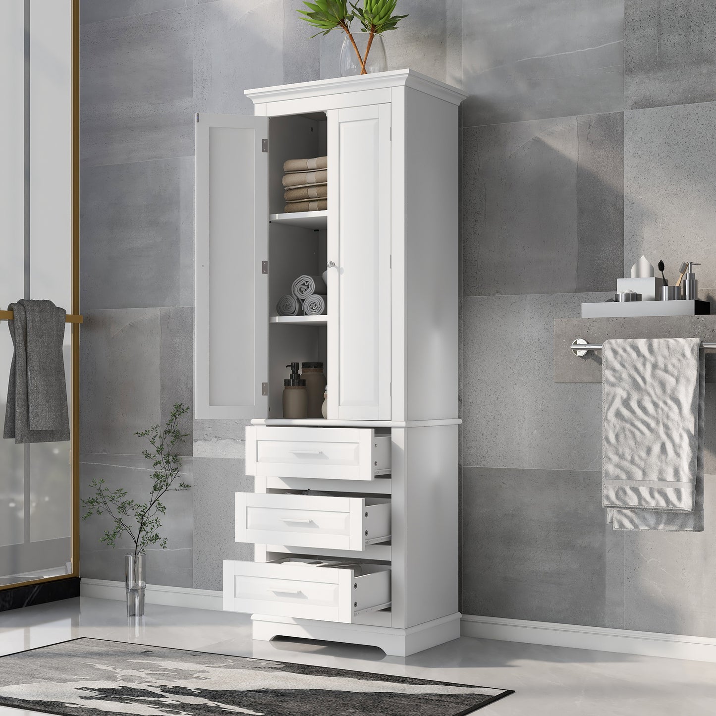 Tall White MDF Bathroom Storage Cabinet with Drawers - Organize Your Space
