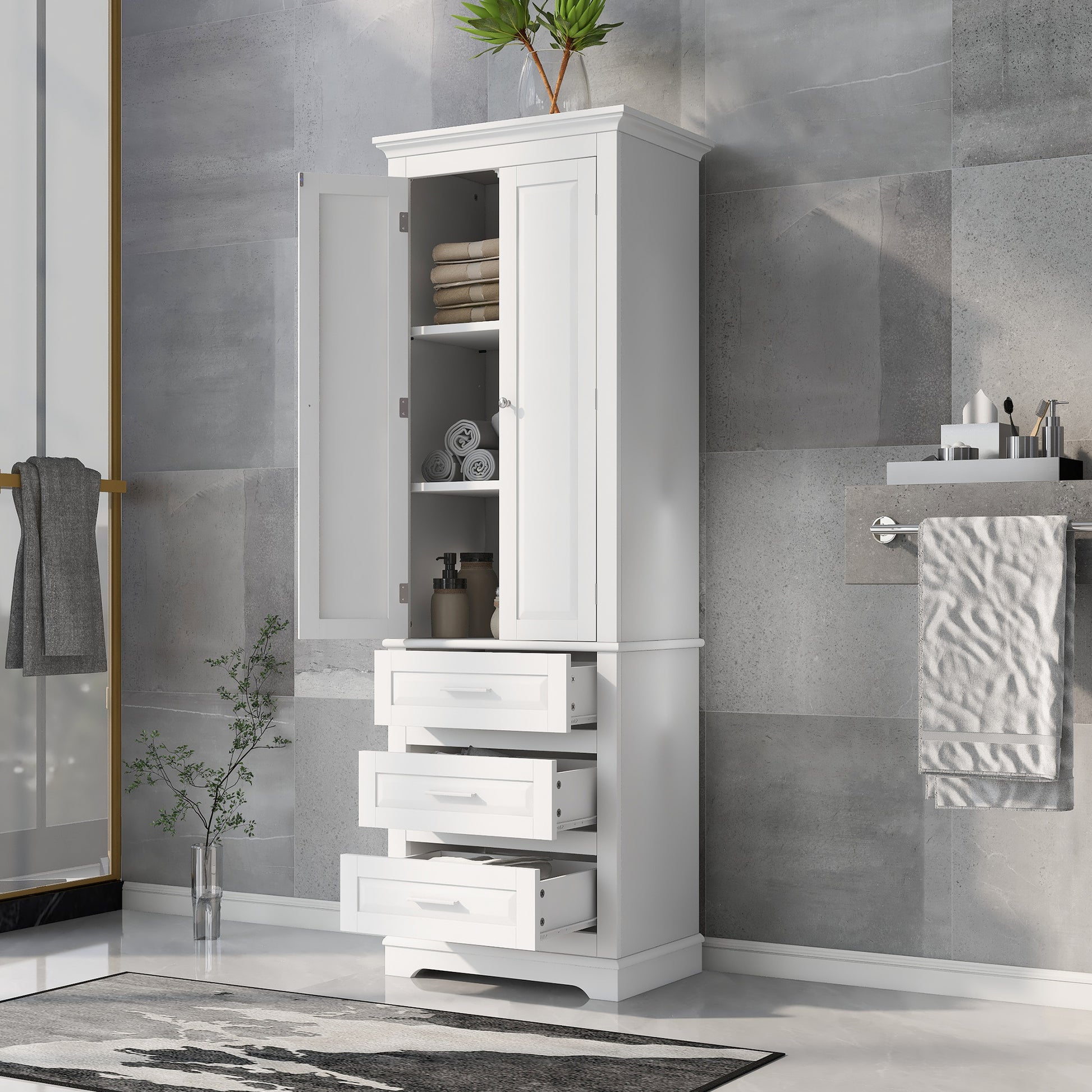 Tall White MDF Bathroom Storage Cabinet with Drawers - Organize Your Space