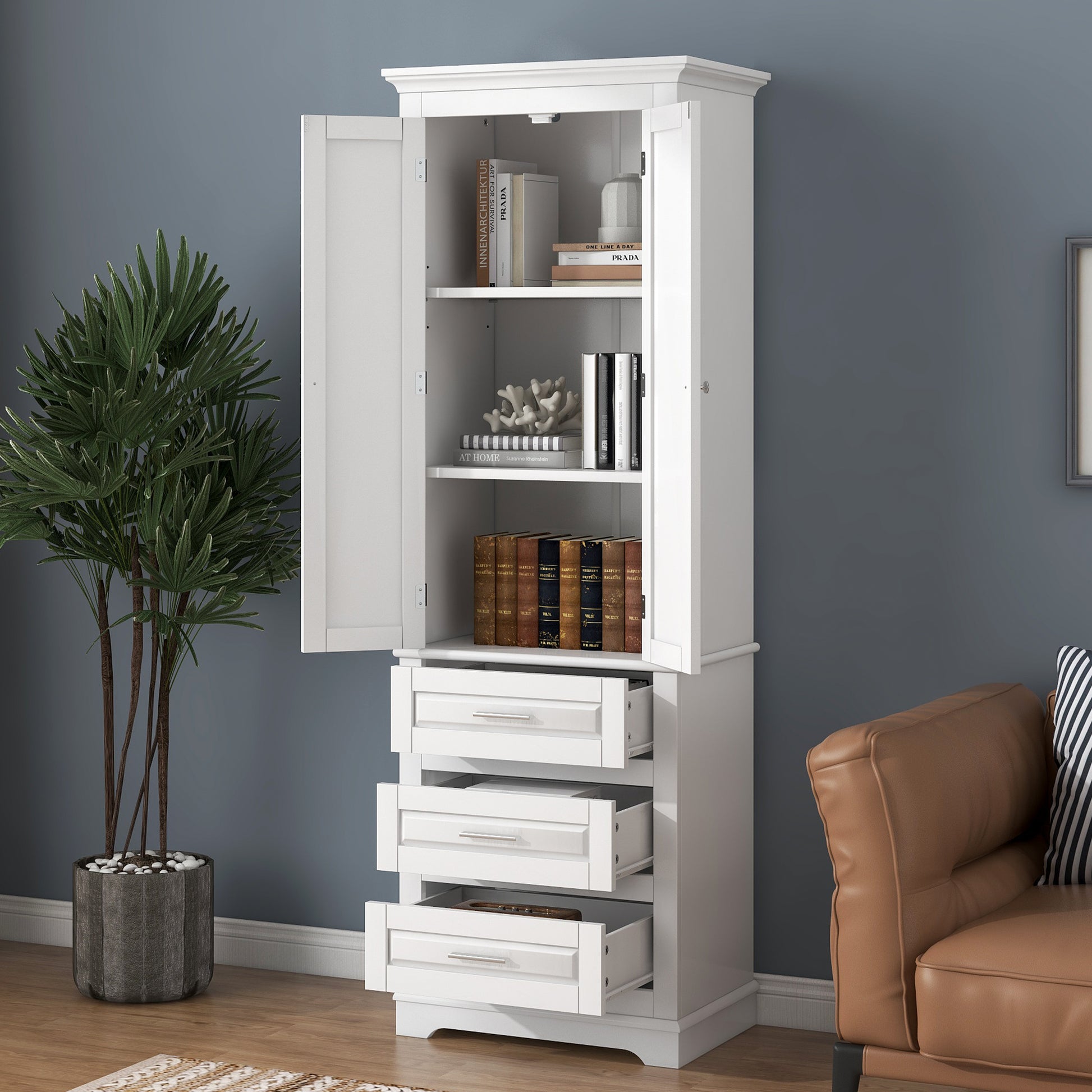 Tall White MDF Bathroom Storage Cabinet with Drawers - Organize Your Space