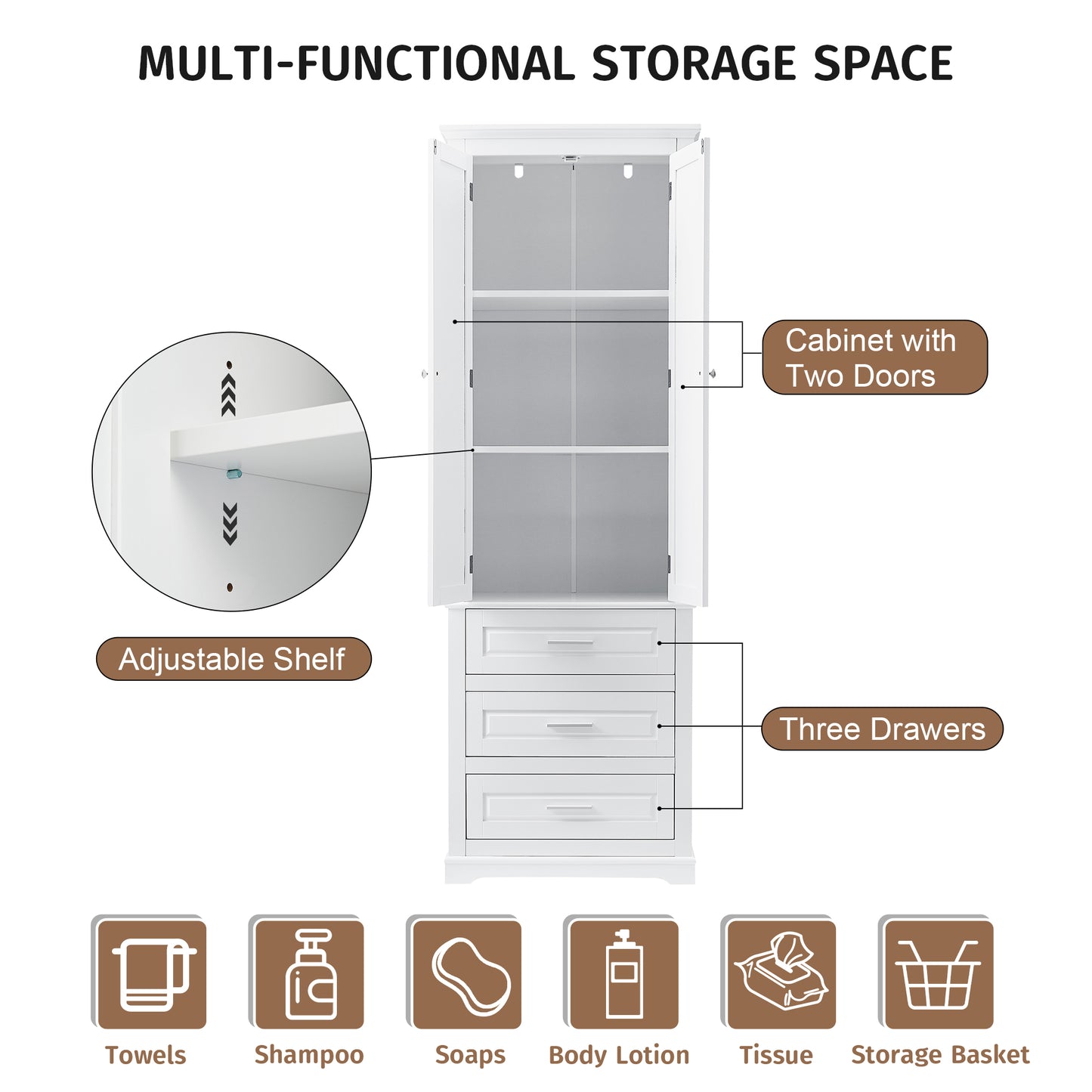 Tall White MDF Bathroom Storage Cabinet with Drawers - Organize Your Space