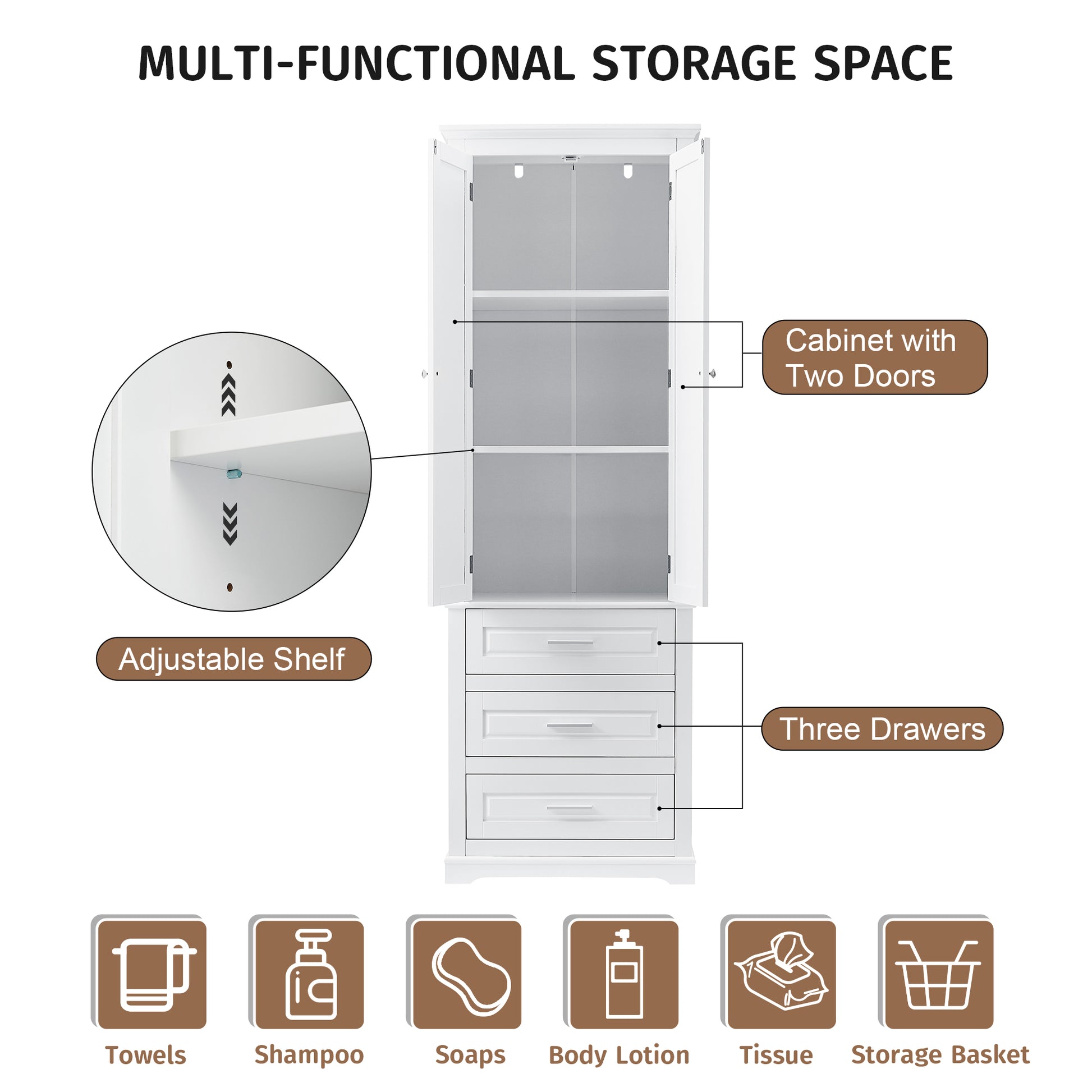 Tall White MDF Bathroom Storage Cabinet with Drawers - Organize Your Space