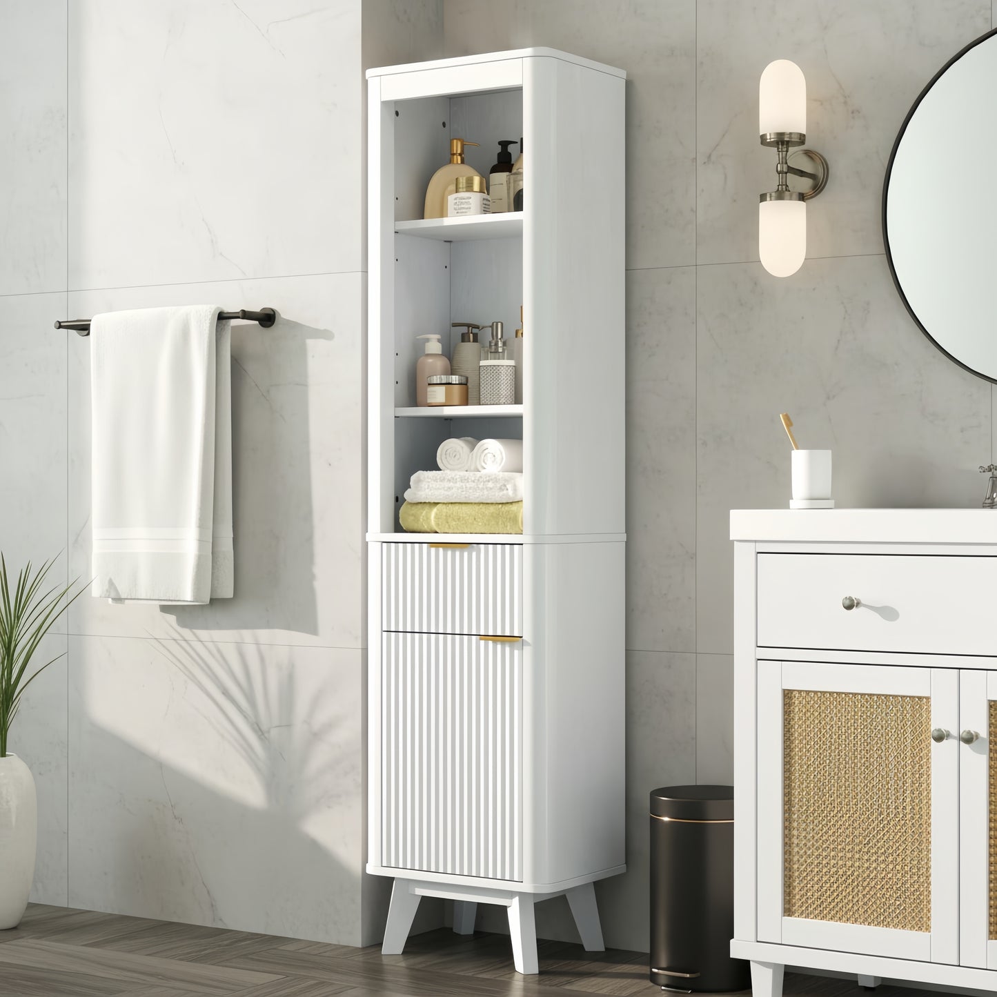 68" H Tall Bathroom Storage Cabinet with  Adjustable Shelves and One Drawer & Door, Storage Cabinet for Bathroom, Living Room, Entryway & Kitchen, White