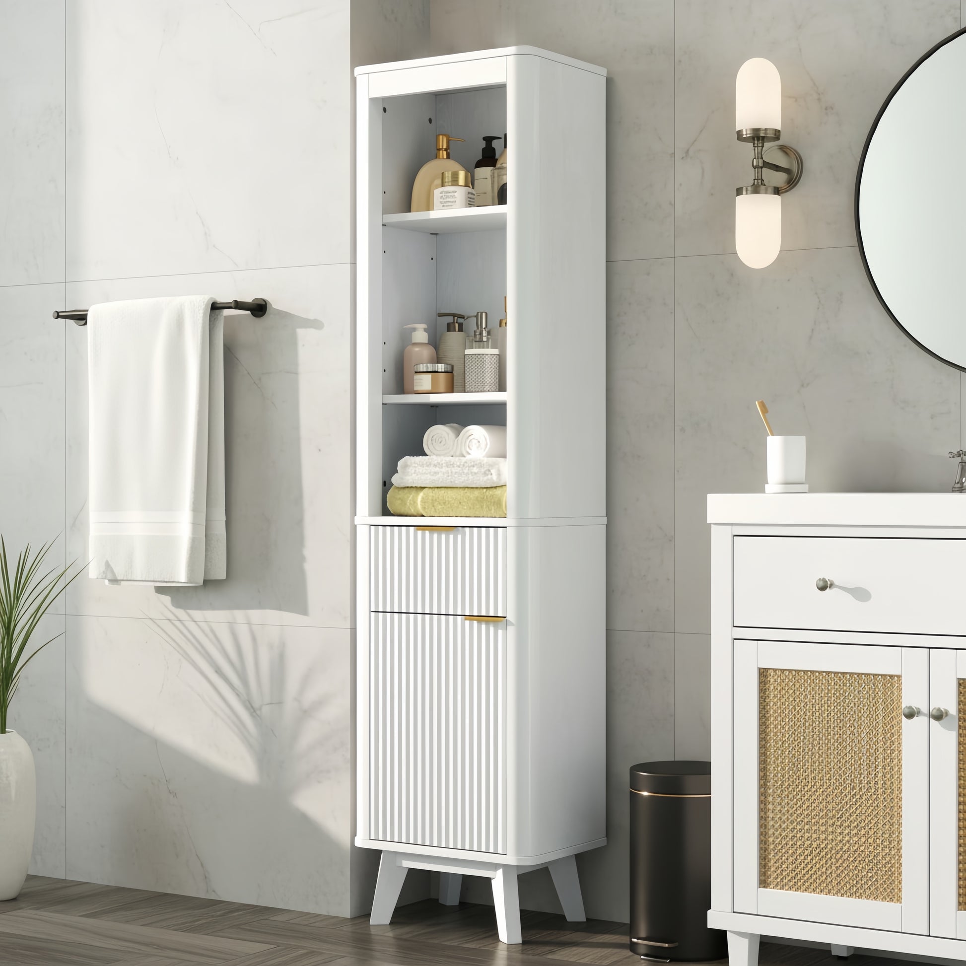 68" H Tall Bathroom Storage Cabinet with  Adjustable Shelves and One Drawer & Door, Storage Cabinet for Bathroom, Living Room, Entryway & Kitchen, White