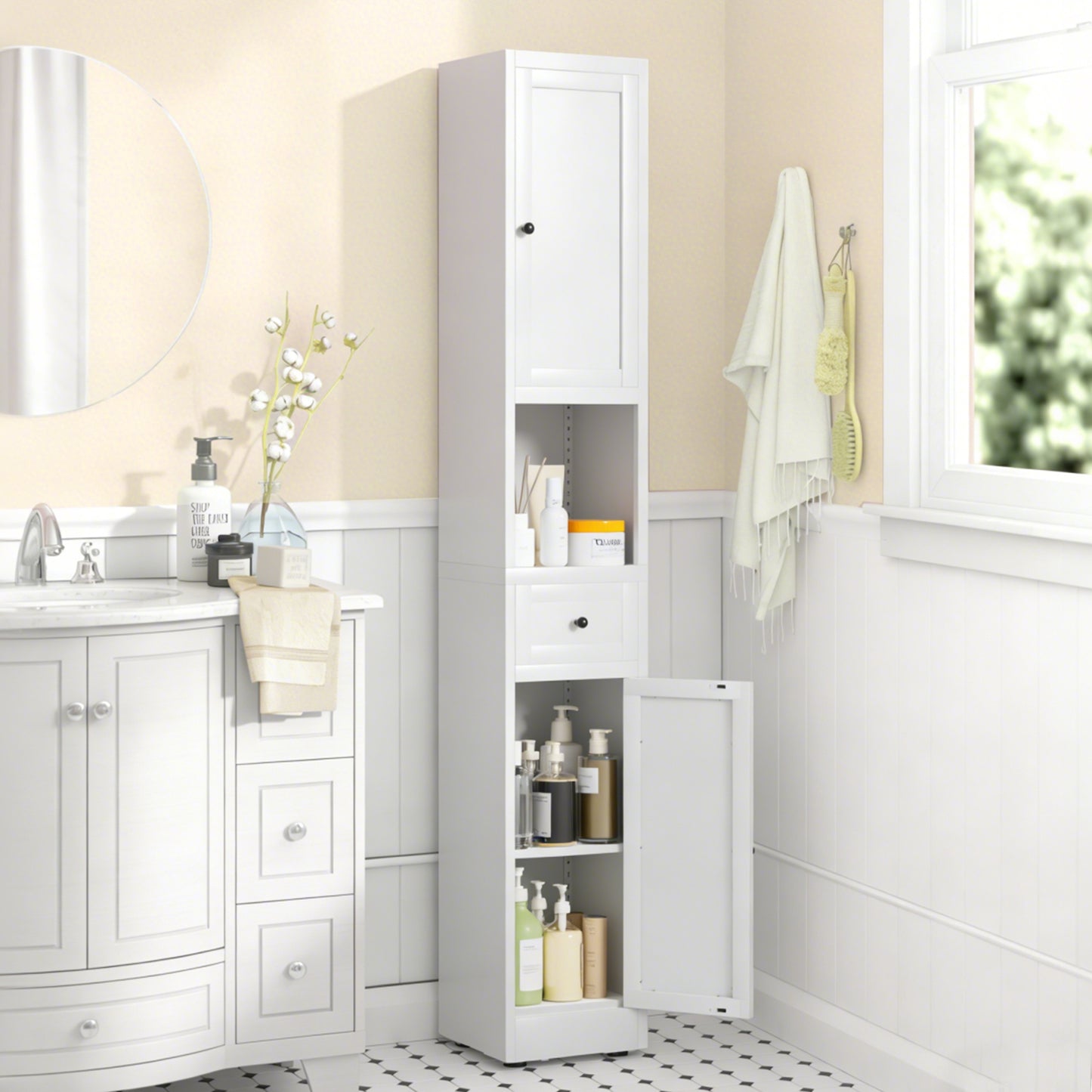 71 Inch Tall Bathroom Storage Cabinet, 5-Tier Narrow Metal Cabinet with 2 Doors & Adjustable Shelves, Freestanding Cabinet for Space Saving in Kitchen, Laundry Room, Pantry, White
