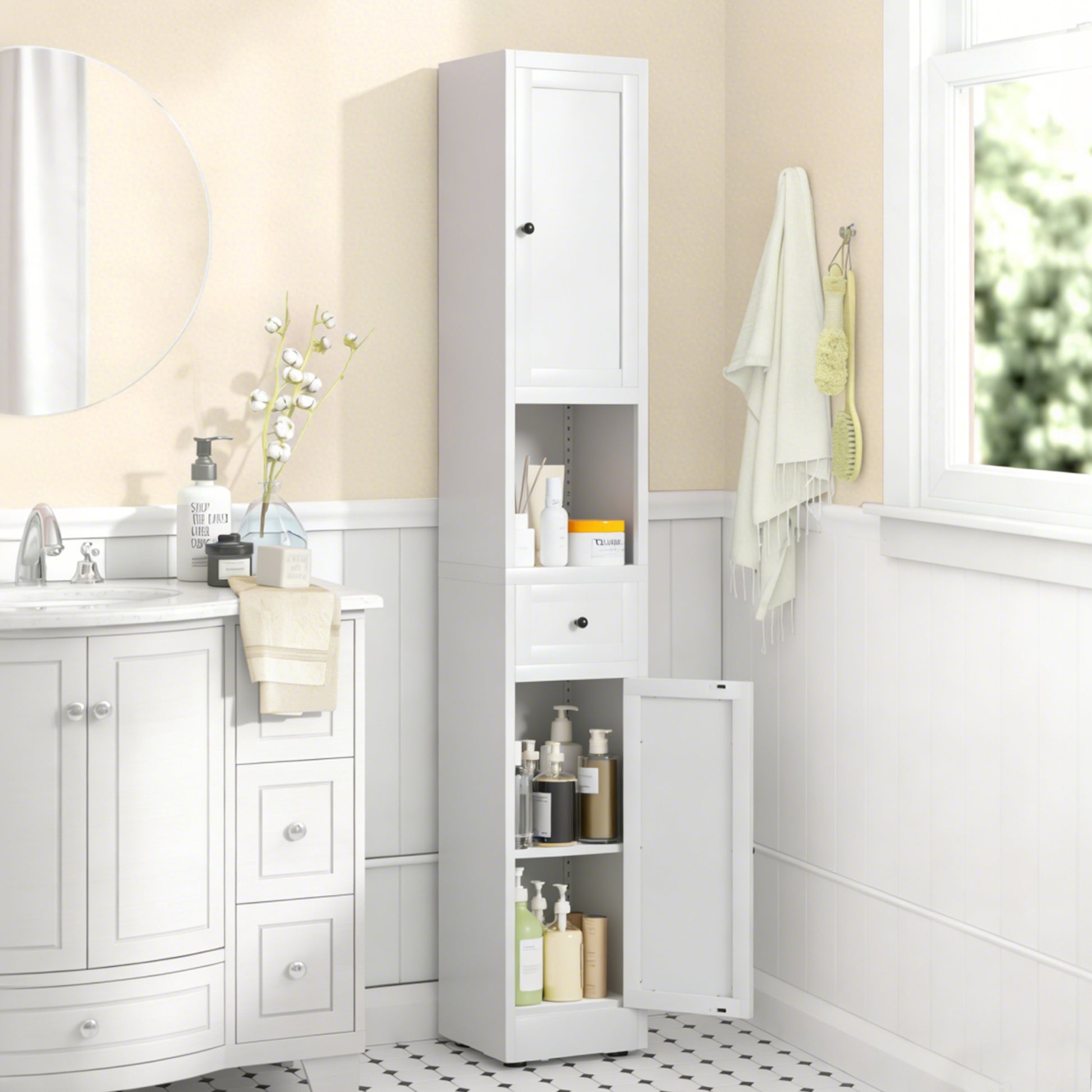 71 Inch Tall Bathroom Storage Cabinet, 5-Tier Narrow Metal Cabinet with 2 Doors & Adjustable Shelves, Freestanding Cabinet for Space Saving in Kitchen, Laundry Room, Pantry, White