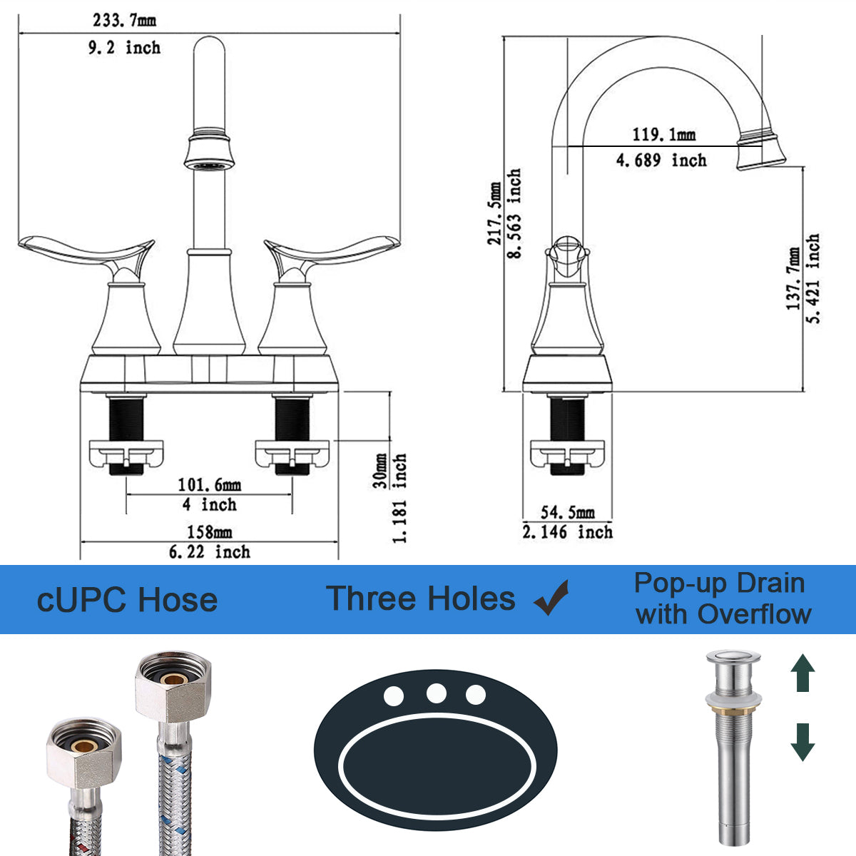 Brushed Nickel 2-Handle Bathroom Faucet - Sink Faucet with Drain