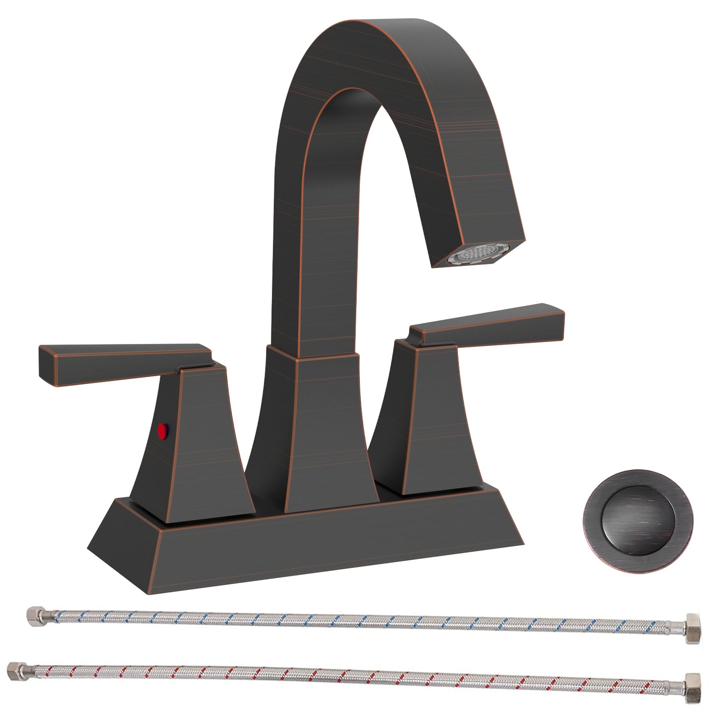 Bathroom Sink Faucet Oil Rubbed Bronze 2-Handle 4 Inch Center-Set Bathroom Sink Faucet, Sink Drain with Overflow Hole and 2 Supply Lines Included, Modern Vanity Basin Faucet
