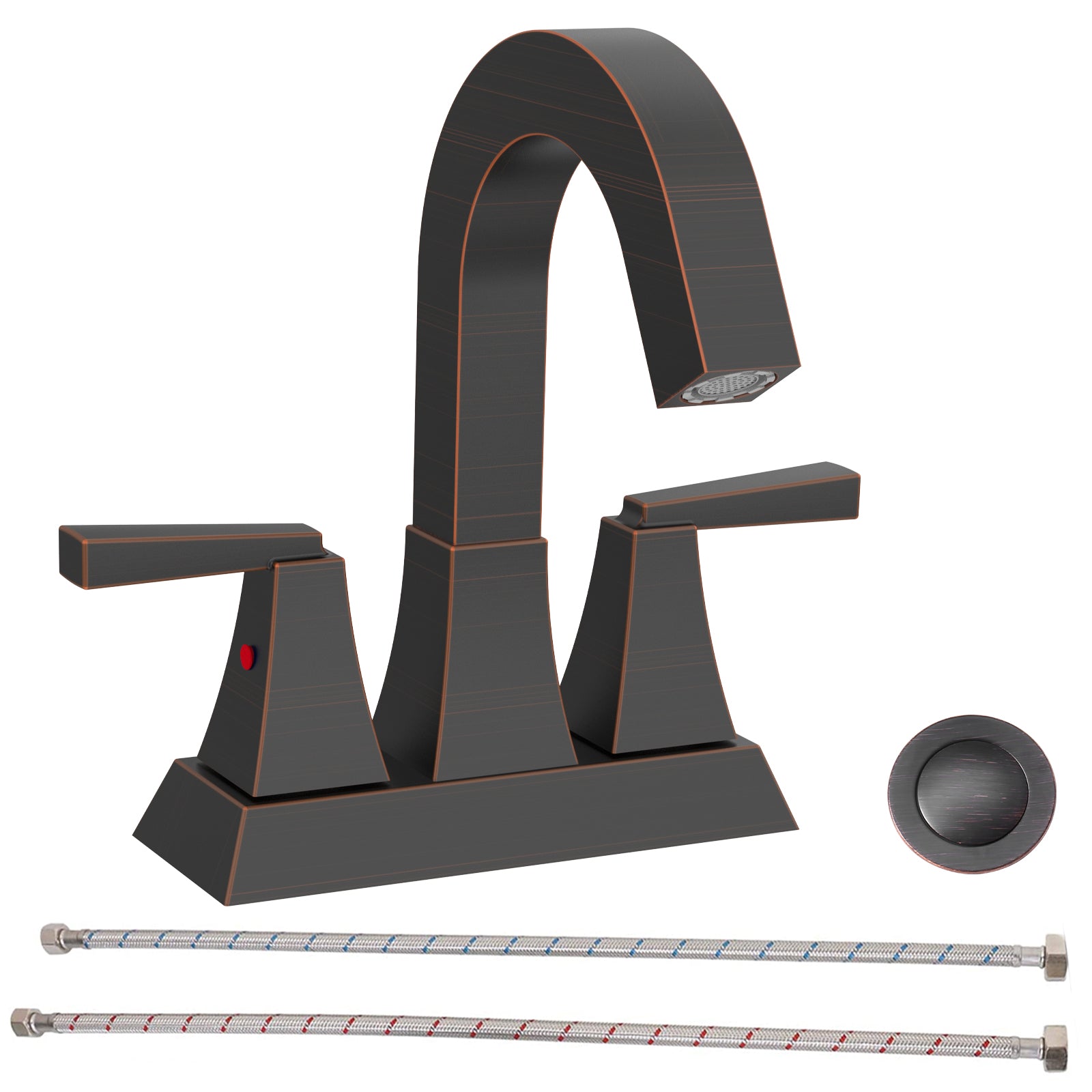 Bathroom Sink Faucet Oil Rubbed Bronze 2-Handle 4 Inch Center-Set Bathroom Sink Faucet, Sink Drain with Overflow Hole and 2 Supply Lines Included, Modern Vanity Basin Faucet