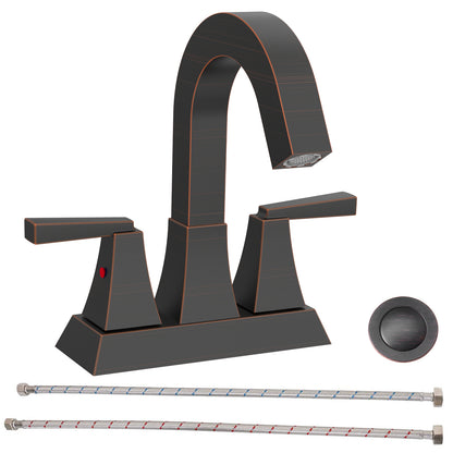 Bathroom Sink Faucet Oil Rubbed Bronze 2-Handle 4 Inch Center-Set Bathroom Sink Faucet, Sink Drain with Overflow Hole and 2 Supply Lines Included, Modern Vanity Basin Faucet