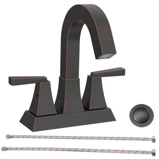 Bathroom Sink Faucet Oil Rubbed Bronze 2-Handle 4 Inch Center-Set Bathroom Sink Faucet, Sink Drain with Overflow Hole and 2 Supply Lines Included, Modern Vanity Basin Faucet