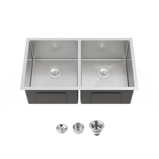 33"x19" Embedded Double Bowl Kitchen Sink, Undermount Handmade Sink in Brushed (Sink only)
