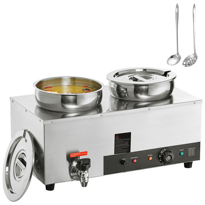 Electric Soup Warmer, Dual 7.4QT Stainless Steel Round Pot 86~185°F Adjustable Temp, 1200W Commercial Bain Marie with Anti-dry Burn and Reset Button, Soup Station for Restaurant, Buffet, Silver
