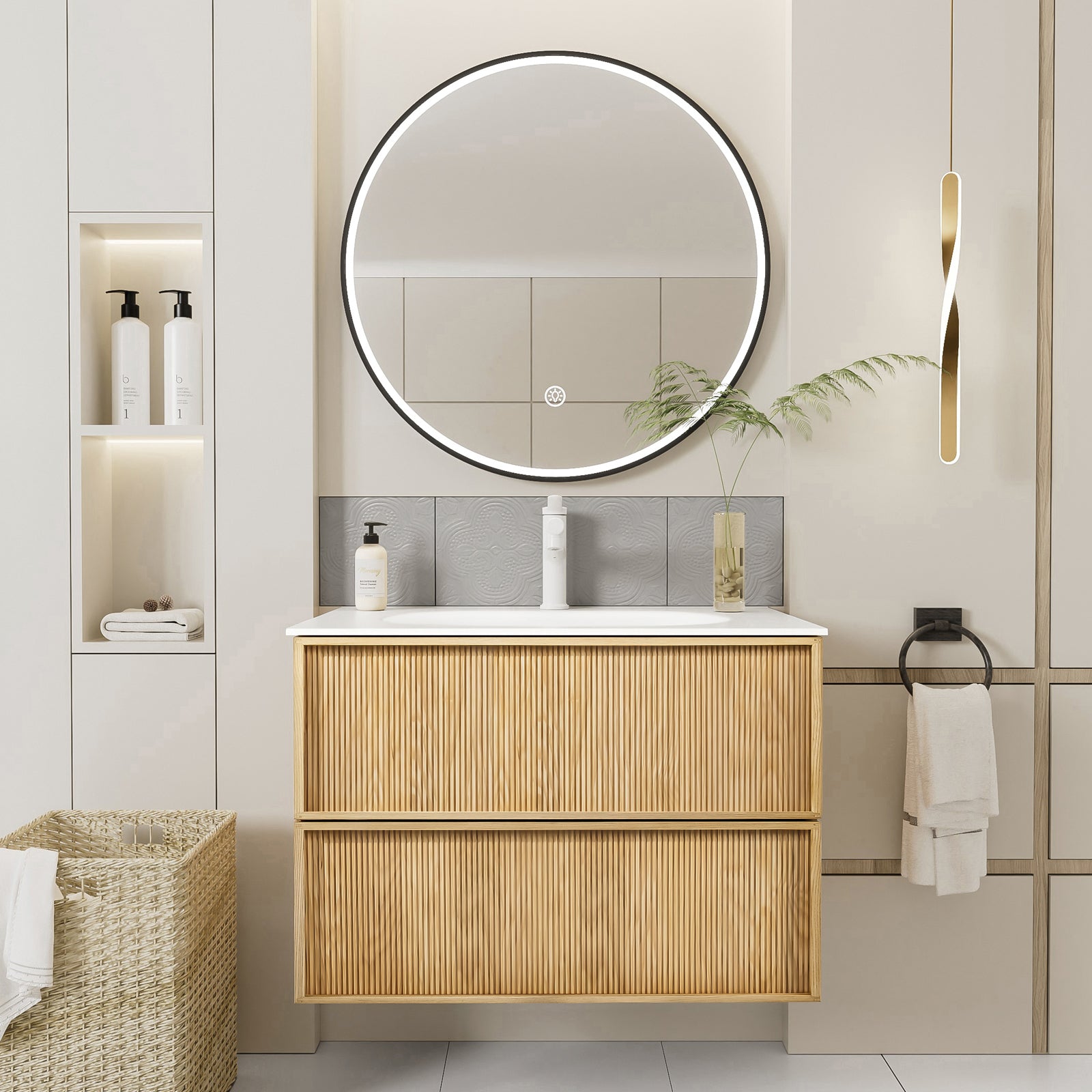 32-Inch Floating Bathroom Vanity with Sink, Pre-assembled, Natural Oak Fluted Front, Multi-Layer Solid Wood, Wall-Mounted, White Stone Top, 2 Soft-Close Drawers