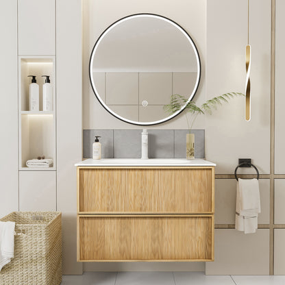 32-Inch Floating Bathroom Vanity with Sink, Pre-assembled, Natural Oak Fluted Front, Multi-Layer Solid Wood, Wall-Mounted, White Stone Top, 2 Soft-Close Drawers