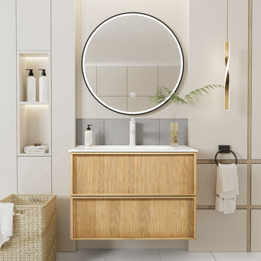 32-Inch Floating Bathroom Vanity with Sink, Pre-assembled, Natural Oak Fluted Front, Multi-Layer Solid Wood, Wall-Mounted, White Stone Top, 2 Soft-Close Drawers