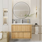 32-Inch Floating Bathroom Vanity with Sink, Pre-assembled, Natural Oak Fluted Front, Multi-Layer Solid Wood, Wall-Mounted, White Stone Top, 2 Soft-Close Drawers