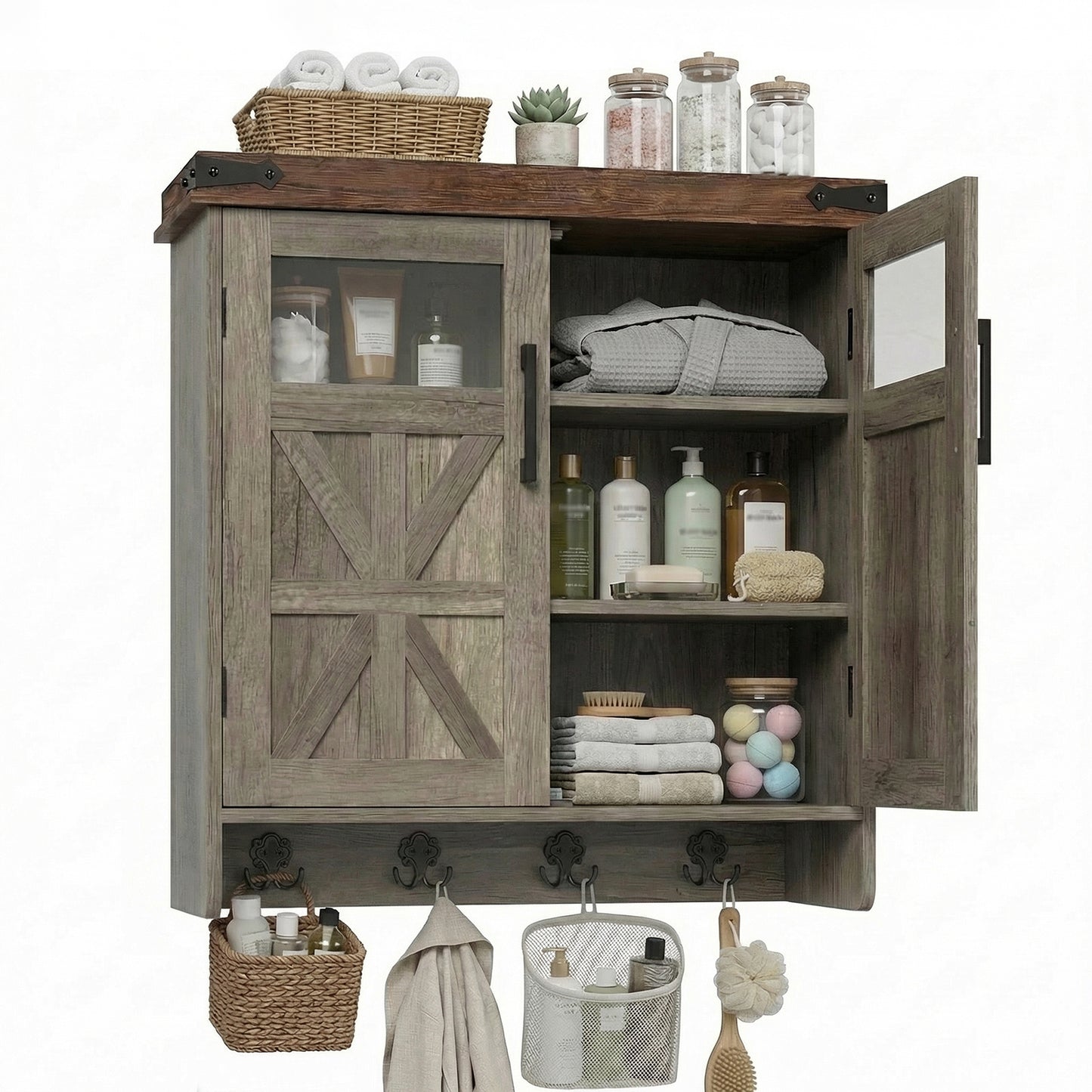 Bathroom Wall Cabinet Over Toilet with Adjustable Shelves, Medicine Cabinet Storage Organizer for Bathroom Kitchen Garage, Hanging Towel Hook, Space Saving