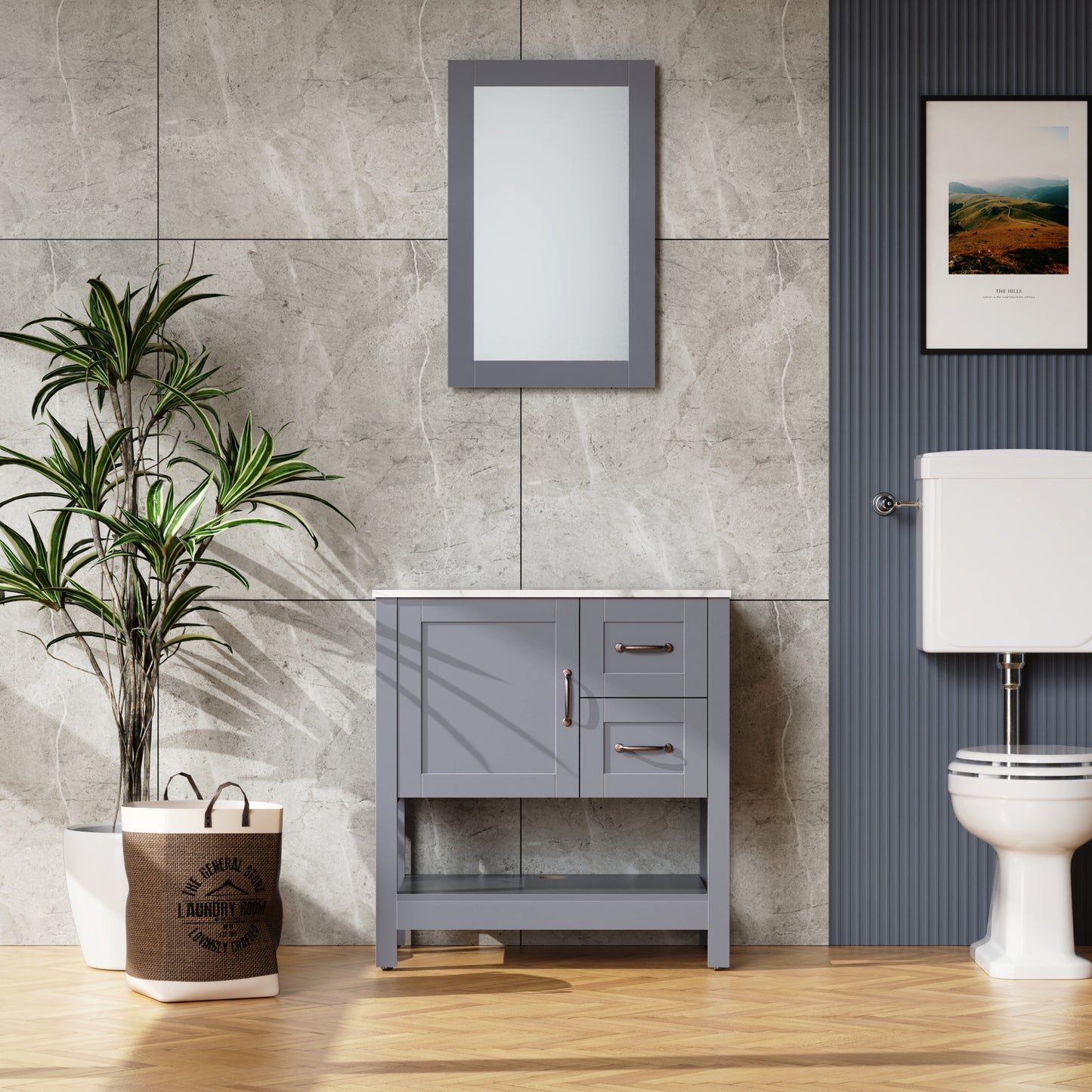 30 Inch Gray Bathroom Vanity with Mirror - MDF Storage